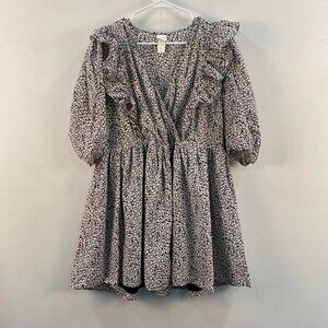 H&M Women Medium Dress Short Puff Sleeve Black White Cotton Floral Pullover Mini
